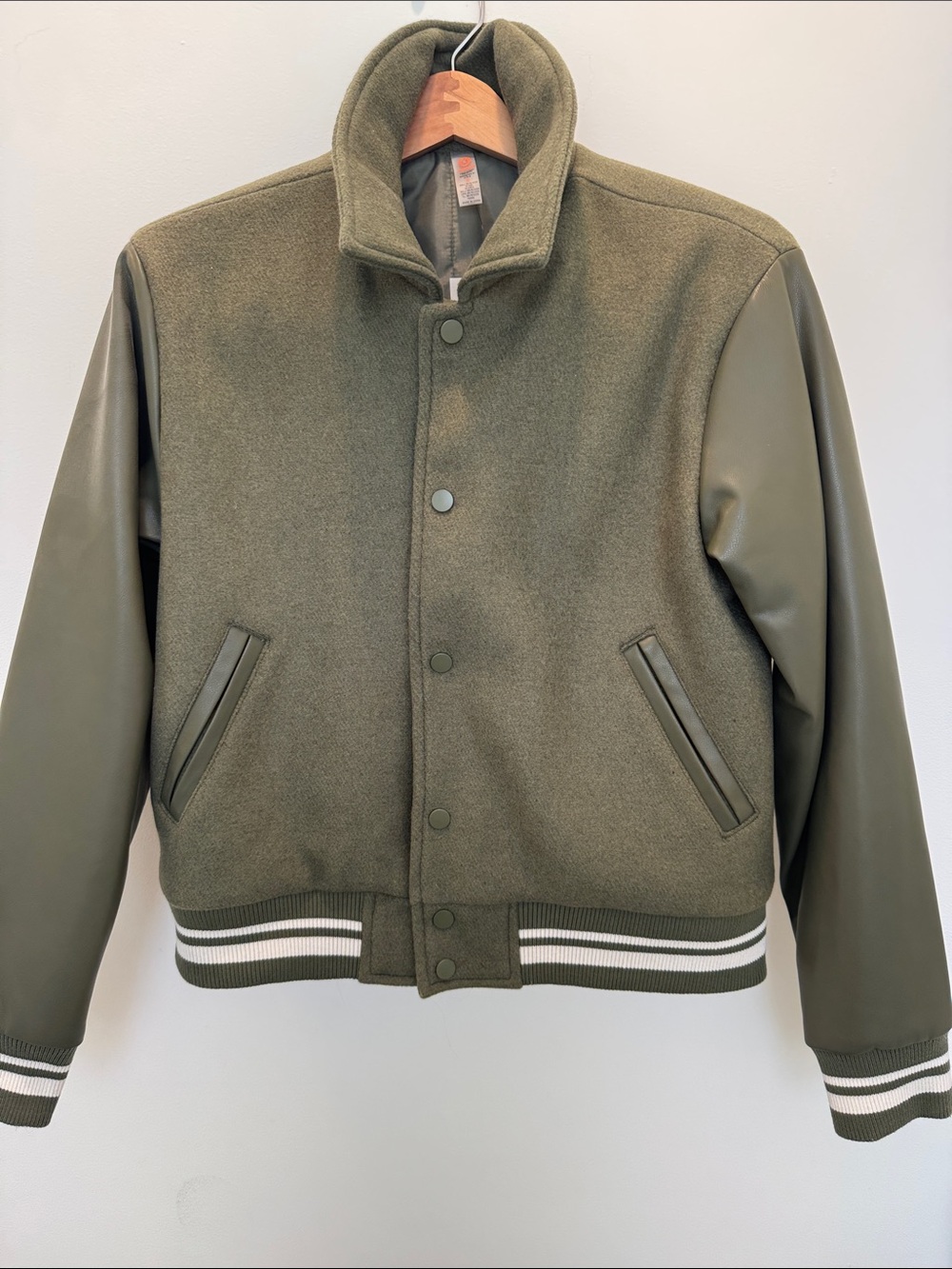 Olive Green Bomber Jacket with Ribbed Striped Hem Brand Mona B